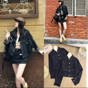 Áo khoác bò màu xanh than may chỉ nổi túi vuông dáng lỡ phom rộng hack dáng cực đỉnh