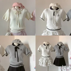 ÁO POLO CỔ SEN CHẤT LEN MỎNG DỆT KIM ÔM DÁNG PHỐI NƠ THÊU LOGO SWEATER.DAOATHU